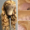 Synthetische pruiken honingblonde lichaamsgolf menselijk haar 13x4 HD transparante kanten voorpruik #27 Braziliaanse baby Q240427