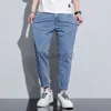 Heren jeans lente/zomer nieuwe heren jeans jeugd elastische 9-inch kleine rechte been lichtblauwe spijkerbroek plus size broek plus size broek