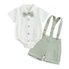 Clothing Sets VISgogo Toddler Boy Gentleman Outfit Solid Color Short Sleeves Romper With Bow Tie And Overalls Shorts Set For Formal Wear