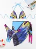 Moda de banho feminina Sexy Butterfly Butterfly Print Bikini Conjunto 2024 Mulheres Halter Push Up Mesh Salia 3 peças Terno de banho de traje de banho Férias