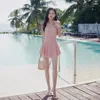 Kvinnors badkläder Sexig rygglös sommarbaddräkt Push Up One Piece Swimsuit Solid Korea med kjol Swim Dress Halter Pink