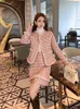 Autumn Winter Women Elegant Matching Sets Warn Panelled Lining Tweed Jacket High Waist ALine Skirt Office Ladies Two Piece Set 240426