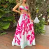 Kvinnor Casual Floral Print Halter Criss Cross Soe Up Bras Crop Tops Maxi Vacation Beach kjol Set 240423