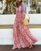 Casual Dresses Women Dress Retro Pink Flower Print Tassel Bohemian Long Sleeve Fashion High midja Löst Big Swing A-Line V-hals