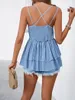 Women Blouses Shirts Summer V-Neck Babydoll T-Shirt Peplum Tops Spaghetti Strap Sleeveless Slim Lace Tank Top