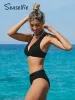 Set Seaselfie Mesh Tall Tri Mid midja Bikini Set Swimsuit For Women Black Sexy Vneck Two Pieces Badkläder 2023 Beach Bathing Suit