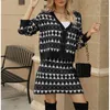 Work Dresses Retro Geometric Jacquard Cardigan Skirt Sets Two Piece Fashion Design Knit Matching Long Sleeve Top Outfit Women Streetwear