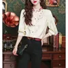 Blouses feminina Mulheres moda moda vintage estilo bordado de bordado camisetas elegantes chic stand colar tops de manga longa feminina de manga longa