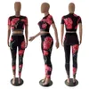 Blommigt tryck Två stycksuppsättningar Tracksuits Women Fashion Fitness Crop Top and Leggings Set Free Ship