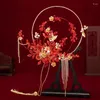 Wedding Flowers Janevini Luxe bruidshandventilatoren Rode metalen bladeren Sparkly kralen Chinese boeketbruiden Holder Holder Fan Ramo de Boda