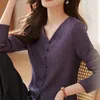 Blusas femininas 2024 Summer Summer Loose Office Casual Lady Lady Retro Style -Coreano Camisa de moda elegante Solid V pescoço de manga longa y2k tops chiques