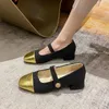 Casual Shoes Spring Summer Autumn Women Square Gold Color Toe Heels Mary Jane Zapatos grunt slip på klänningen