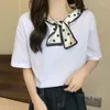 Koszulki damskie Polka kropka nadruk Tshirt koronka w górę bown koszulka Kobiety z krótkim rękawem letnie topy koreańskie ubrania Camisetas Mujer 2024