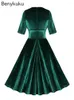 Party Dresses Green Ruched V-Neck Christmas Velvet Dress For Women Autumn Winter Half Sleeve High Waist Vintage Swing Elegant