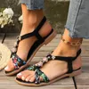 Sapatos casuais feminino sandálias de miçangas planas abertas de elástico floral na praia 2024 Fashion Bohemia cunhas