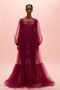 Sukienki swobodne Skromne Zobacz przez Burgundię A-line długą tiulową szatę z koronkową podszewką Illusion Puff Sleeves Women Maxi