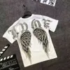 Instagram T-shirt Summer New Trendy Brand Hot Diamond Wings Letter Short Round Neck Black Slim Fit Large Men's Half Sleeved