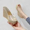 Slippare sommar PVC transparent kiktå plattform kilar sandaler kvinnor mode höga klackar kvinnliga skor 11 cm guld