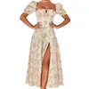 レディースロングスカート夏半袖フレンチスタイルフレッシュフローラルスクエアカラードレス