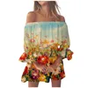 Vestidos informales Sexy Off Shoulder Floral Impress Vestido de verano Túnica Sundresses Fit Fit Fit Manga abreviatura de mujeres Elegantes