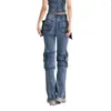 Damesjeans en voor 2024 Spring Fashionable Design met patchwork -zakken hoge taille rechte been broek vrouw