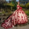 Red Beading 3D Floral Lace Quinceanera vestido de baile do ombro Princess para festa de aniversário de 15 anos