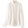 Blouses pour femmes Birdtree Rucched Stand Collar à manches longues Real Silk Femmes Elegant White Shirts conçus Chic 2024 TOP T3N821QM