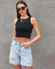 Frauen Jeans gewaschen halb dänge Hosen Frauen hellblauer Sommer Ankunft Loch Side Split Denim Shorts Raked gerade lässige mittlere Taille