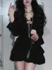 Sıradan elbiseler kadınlar seksi v boyun fırfırları doğum günü partisi bahar sonbahar zarif uzun kollu siyah mini vestidos Kore kıyafetleri kadın