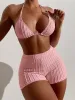 Set Tie Back Back Halter Bikinis 2024 Женщины с высокой талией купальные купальники с твердыми мягкими купальниками для купальщиков для купальников плавание плавание пляжное костюм пляжный костюм