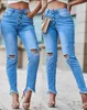 Damesjeans 2024 Spring dichtgeknoopt Pocket Design gescheurd Cutri Capri onregelmatige hoge taille Skinny Daily Daily Denim Pencil Pants Y2K