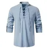 Mäns casual skjortor skjorta bomullslinne lin med linser snörning långa ärmar blusar mens v hals medeltida dräkt broderi tunika