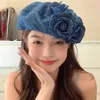 Bérets denim couleur coton peintre chapeau couleurs contrastées de camélia fleur baissier cape à la mode décontractée moelleuse