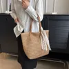 Yogodlns vintage kobiety tkaninowe torba na ramię solidną koronkową wstążkę torebki torebki wiklinowe boho słomka torba na plażę beżową torbę 240420