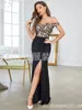 Casual Dresses Womens Boat Neck Split Thighs Contrasting Black Flowers Bridesmaid Sexy Low Party Evening Dress For Women