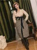 Work Dresses SWEETXUE Women V-neck Beige Knitted Cardigan Top Plaid Small Fragrant Skirt With Belt Fashion Two-Piece Sets Outfits Stylish