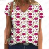 T-shirts pour femmes 2024 Fashion d'été Coloful Dots 3d Digital Printing T-shirt à manches courtes en V V Top décontracté personnalisé