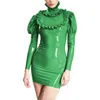 Vestidos casuais brilhantes em couro de pvc gurtleneck puff manga longa vestido de corpo bobo bainha de bainha sexy mini lápis molhado nightclub de látex falsificado