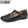 Casual Shoes Fedonas Vintage Low Heels Women Pumpar T-bundna äkta läder Square Toe Working Spring Summer Basic Woman Retro