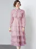 Lässige Kleider 2024 Frühling Frauen elegant rosa Mesh Prinzessin Party Vintage Mode Rüschen hoher Taille Kuchen Midi Kleider Vestdios