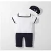 Rompers Baby Navy Jumpsuit Summer Pasgeboren Kinderen Jongens Girls Sailor Jumpsuit Hat 2pcs Body Korte Mouwen Anchor Print Setl24F