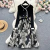 Casual Dresses Elegant Sexy Patchwork V-Neck Long Sleeve Belt Knit Dress Vintage Slim Autumn Winter Ceremonial A-Line Ball Gown