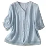 Blouses des femmes 2024 Arrivée Summer Femmes en vrac Fit Single Breas en V V et manches à manches décontractées Patchwork Shirts en lin en coton S117