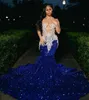 Sparkly Royal Blue Sequined Evening Dresses For African Women Sexy Sheer O-Neck Lace Beaded Formal Party Gowns Plus Size Long Mermaid Second Reception Dress CL3538