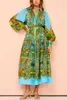 基本的なカジュアルドレスデザイナードレス新しい印刷されたカーディガンレースアップフラップカラー女性のための長袖ドレス