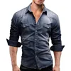 Men's Casual Shirts Vintage Denim Shirt Solid Long-sleeved Lapel Slim Fashion Washed Cotton Western Cowboy Business Tops