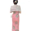 Roupas étnicas clássicas rosa qipao sexy oco para colarinho mandarim long cheongsam senhora de verão impressão vestido chinês vestido slim split vestidos