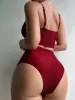 Conjunto de biquíni ruchined 2023 mulheres com cintura alta roupas de banho feminina maiô sólido maiô de praia vermelha banhistas banhando banho de natação maiô
