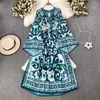 Casual Dresses Summer Bohemian Blue And White Porcelain Print Chiffon Dress Women Clothing Sexy V-Neck Flare Sleeve Belt Lace Up Maxi