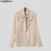 Men's Casual Shirts Korean Style Ribbon Pleated Glitter Design Male Solid All-match Long Sleeved Blouse S-5XL INCERUN Tops 2024